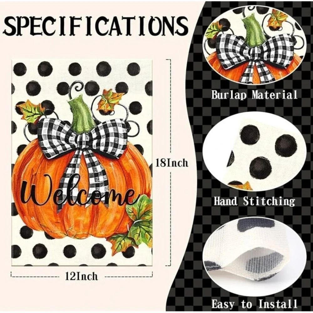NEW Fall burlap garden flag with pumpkins & black/cream polka dots